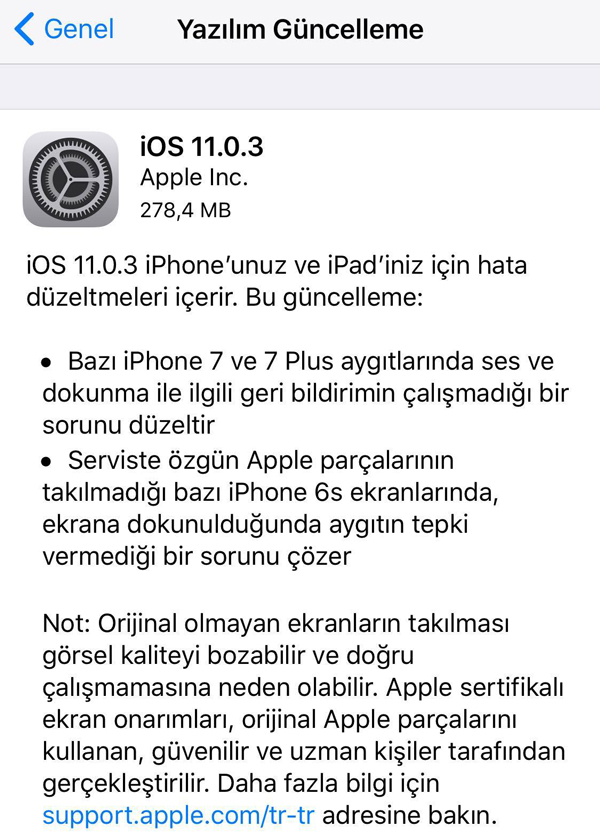Apple, dün gece bazı yenilikleri ve hataları gideren resmi iOS 11.0.3 güncellemesini yayınladı. Hatırlarsanız iOS 11 çok büyük bir sorundu ve bir sonraki sürümde birçok sorun giderildi.