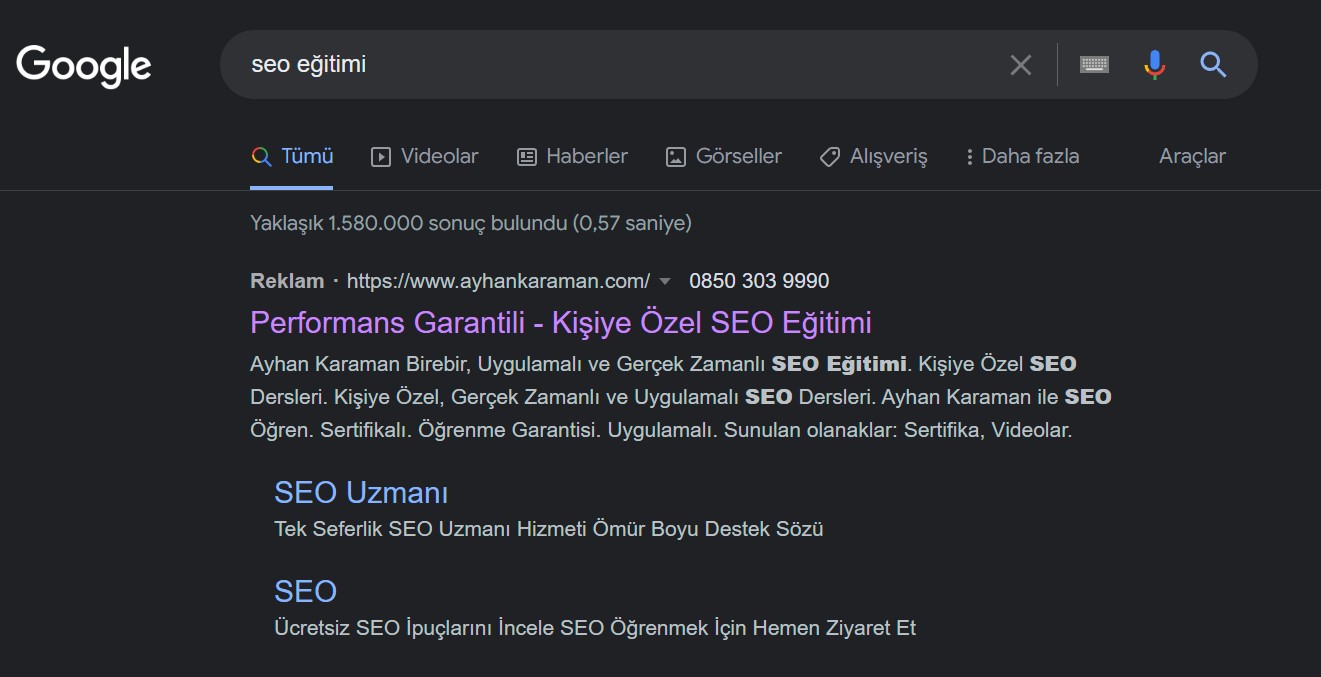 google ppc tbm reklam örneği